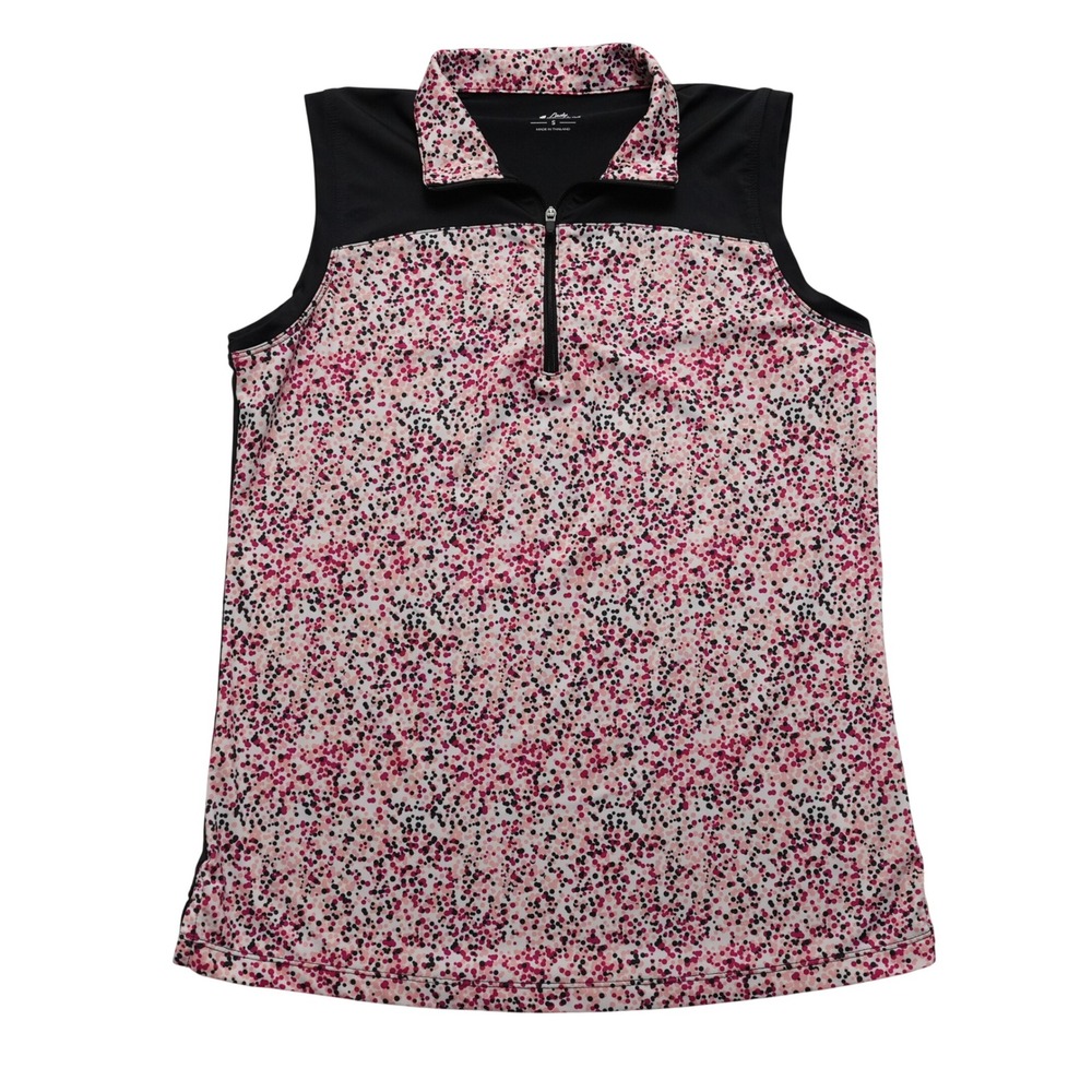 Lady Pinseeker Performance Golf Sleeveless Women Small Pink Dot Quarter Zip Polo